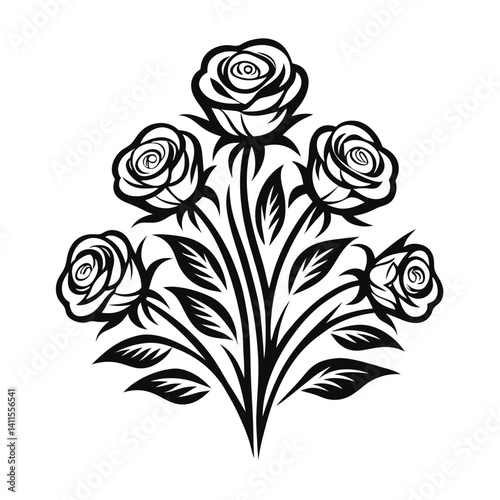Black and White Rose Bouquet Design Floral Arrangement with Stem and Leaves Art