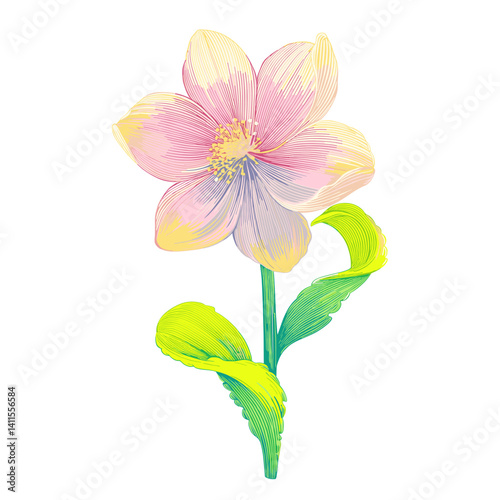 Pastel Pink and Yellow Flower with Vibrant Green Leaves, Acrylic Painting
