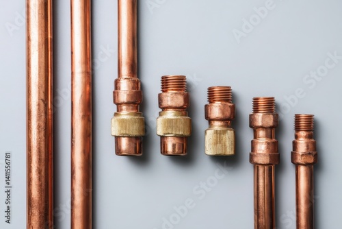 Copper pipes with threaded brass fittings in various sizes aligned on light background, showing plumbing components detail. Copy space