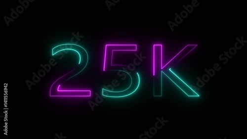 Glowing neon line with 25k Ultra HD video technology icon isolated on black background