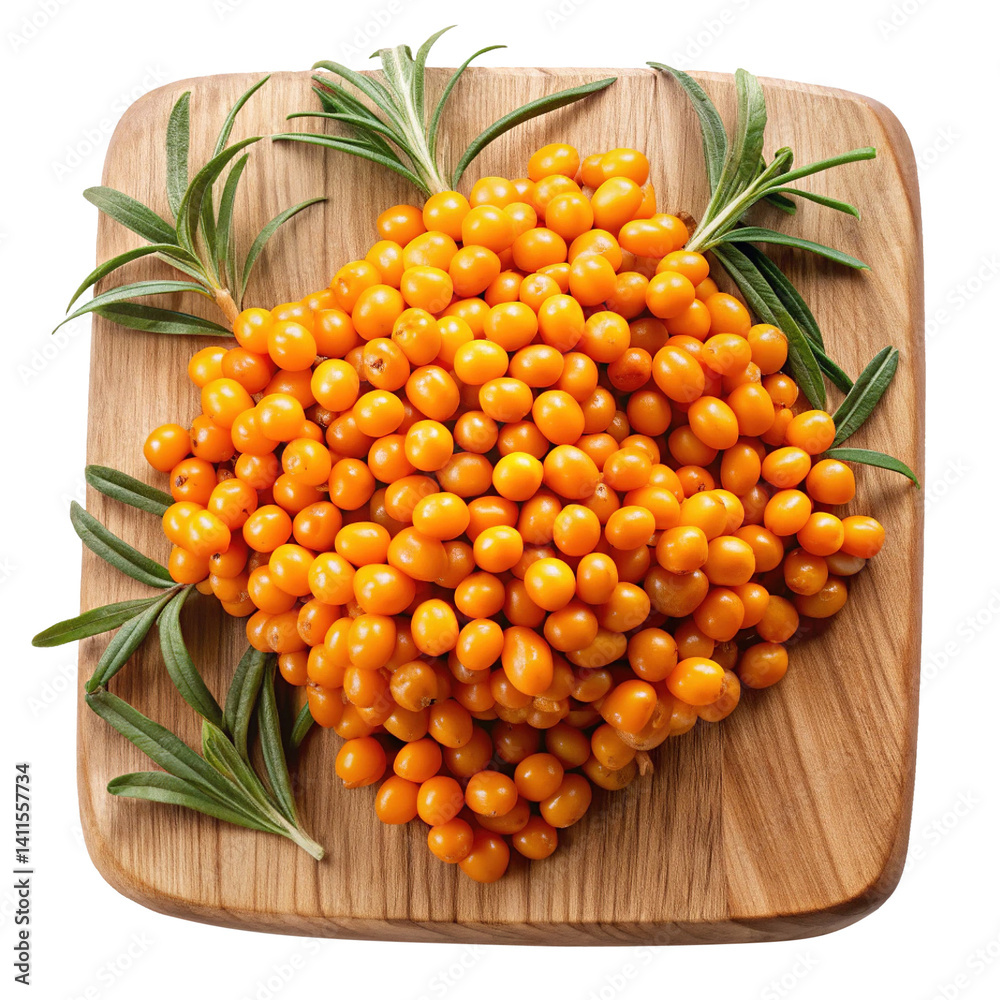 Overhead Shot of Sea Buckthorn Berries with Rosemary on a Wooden Board Overhead Shot of Sea Buckthorn Berries with Rosemary on a Wooden Board