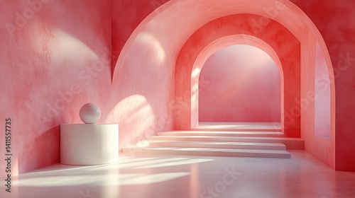 Minimalist Pink Archway Interior Design with White Platform and Sphere