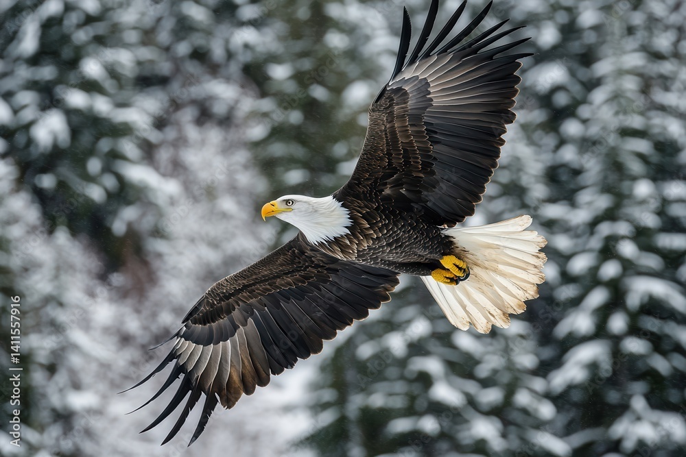 Fototapeta premium Bald eagle in flight above pristine snowy landscape in petersburg, inside passage, alaska, capturing the essence of wildlife beauty. Perfect for nature enthusiasts and outdoor adventurers