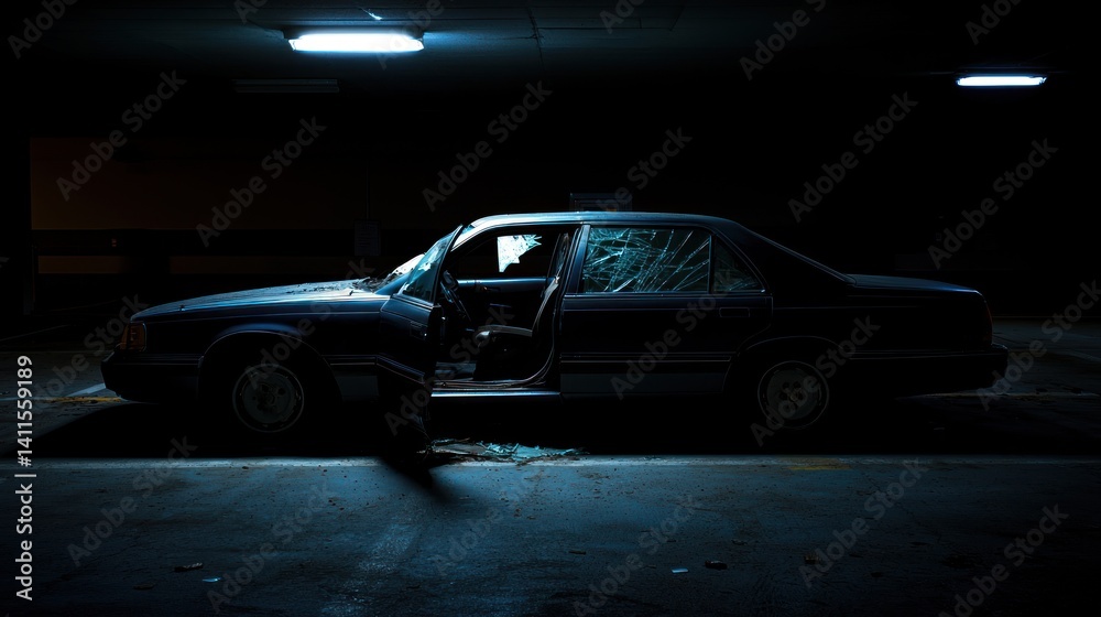 Fototapeta premium Abandoned car, broken window, dark parking garage, ominous scene