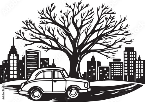 A cartoon auto drives on a busy city street with urban buildings and heavy traffic.