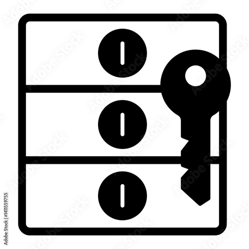 Bank deposit containers with key solid icon, bank account concept. Vector graphics. Safe box and key sign on white background, glyph style mobile or design.
