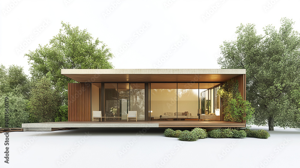 Fototapeta premium Modern minimalist house with large windows surrounded by trees