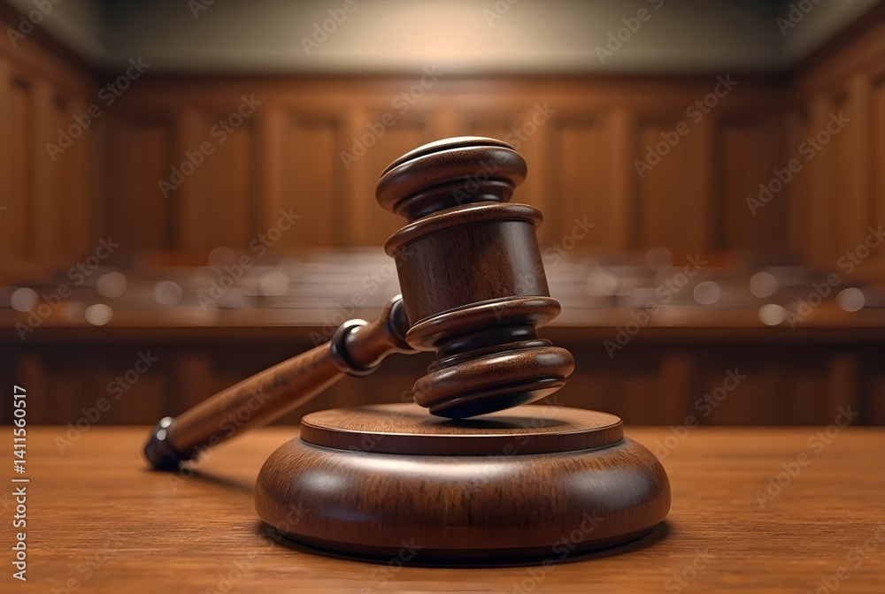 Close-up of a gavel on a wooden stand in a courtroom, capturing the iconic symbol of judicial authority and decision-making, symbolizing order and finality Close-up of a gavel on a wooden stand in a courtroom, capturing the iconic symbol of judicial authority and decision-making, symbolizing order and finality