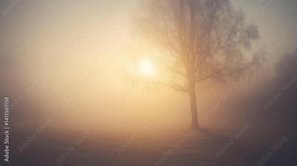 Serene foggy morning with a lone tree silhouetted against a rising sun in the background