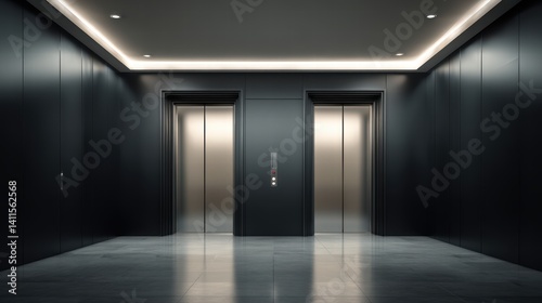 Modern Elevator doors of office or hotel hallway,holiday season decor with christmas tree,Lobby interior, corridor in house with lift,marble elegant lift for passenger or cargo elevators,copy space.