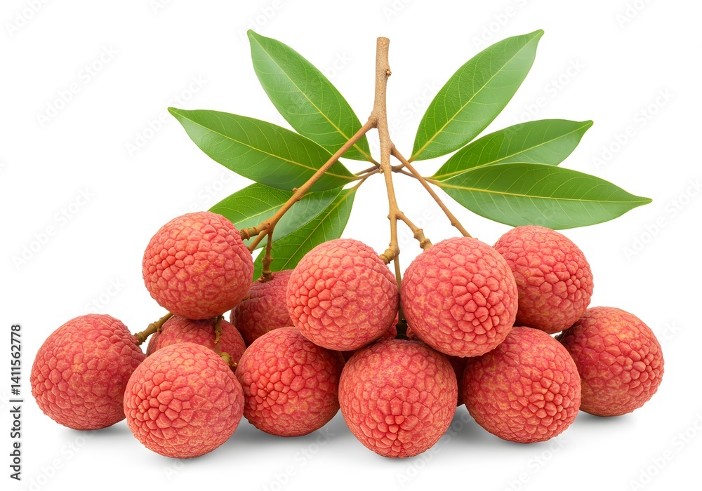 Fresh Lychees on Branch with Green Leaves Fresh Lychees on Branch with Green Leaves