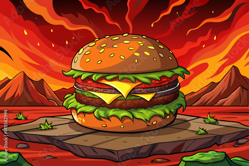 Homemade beef burger vector with crispy bacon on rock stage studio area