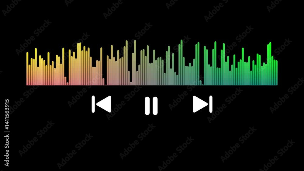 Music player interface with buttons, loading bar, Video or music player interface with loading progress bar, equalizer wave and differet button icons.Audio player interface with sound wave,