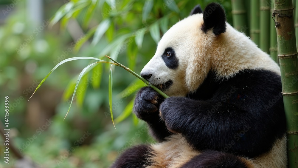 giant panda bear eating bamboo.