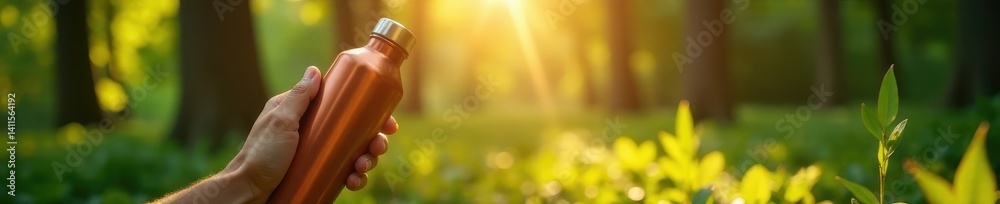 Obraz premium Sunlight dapples a hand gripping a metallic water bottle amidst vibrant forest foliage , Hydration, hike