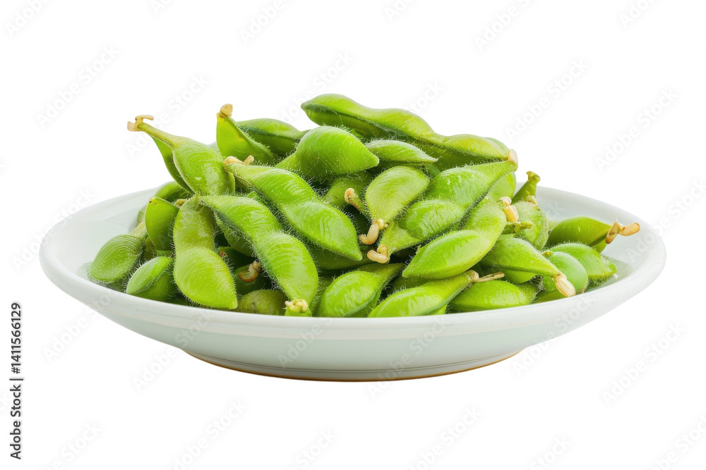 Freshly harvested green edamame served in a white bowl, showcasing their vibrant color and natural texture isolated on transparent background Freshly harvested green edamame served in a white bowl, showcasing their vibrant color and natural texture isolated on transparent background