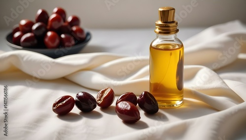 Chinese date fruit and oil. Jojoba oil in a transparent bottle with a dropper and fresh jojoba fruit on a white background.