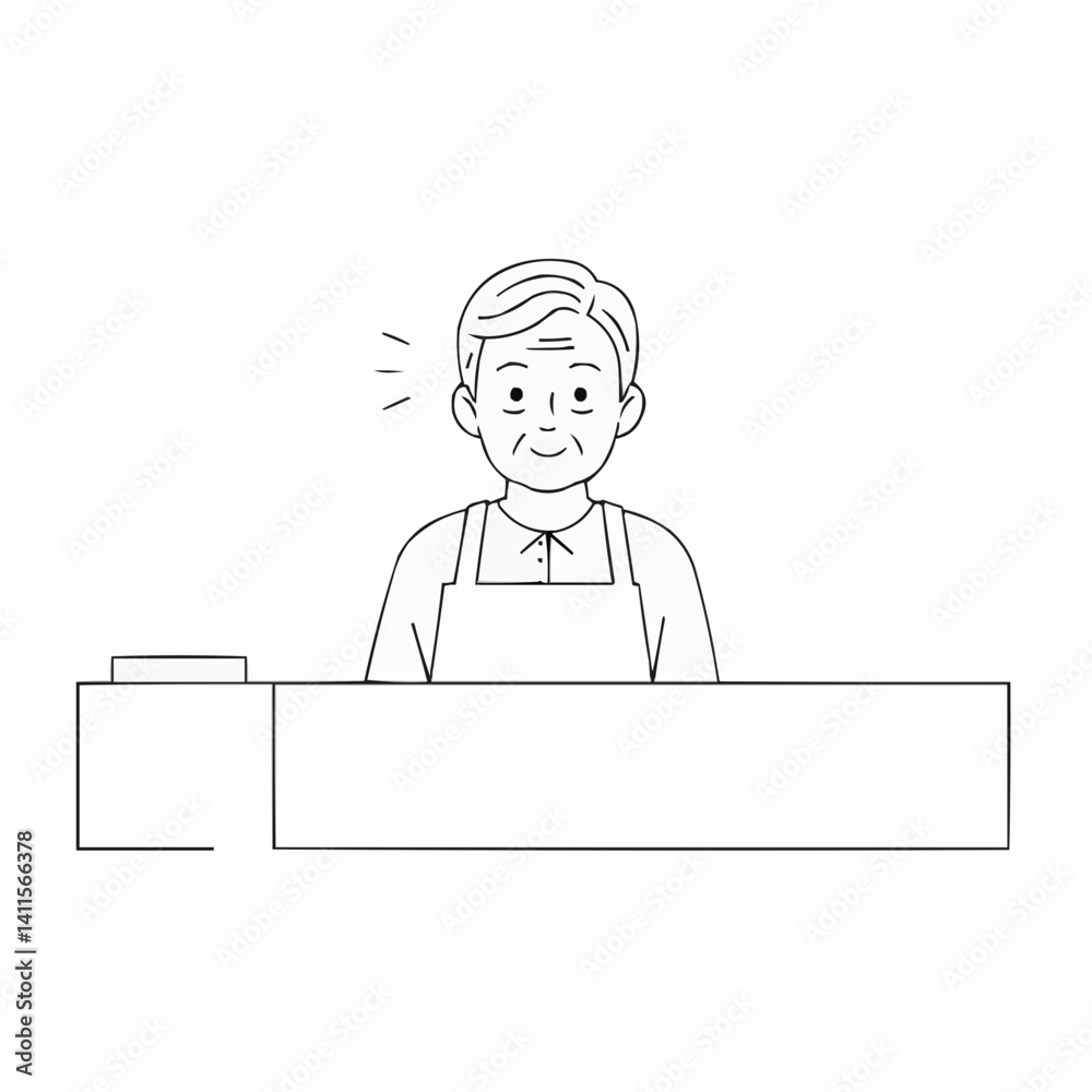 elderly barista smiling at coffee counter in minimalist style elderly barista smiling at coffee counter in minimalist style