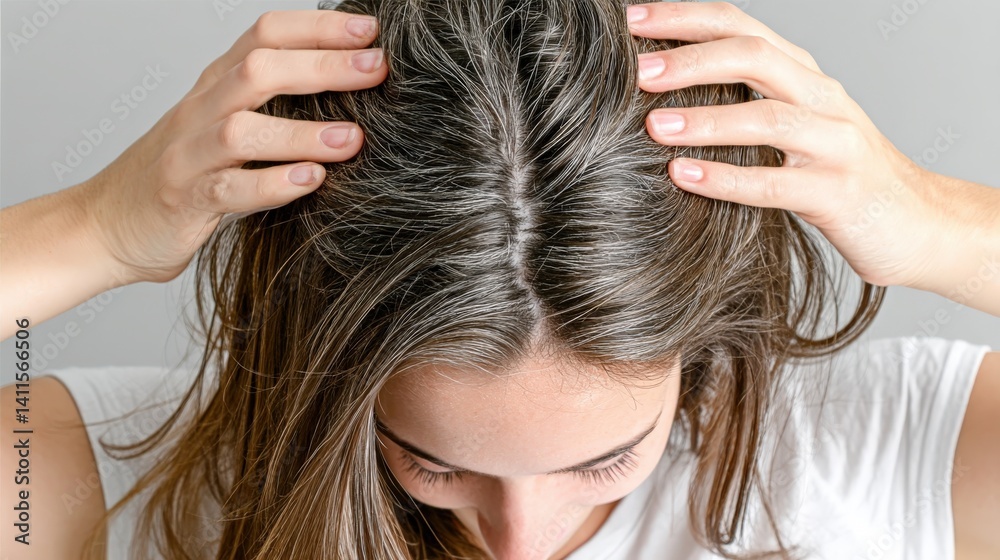 Fototapeta premium Young woman inspects her greasy hair and scalp against a white background