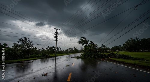 Flooded street stormy weather disaster scene