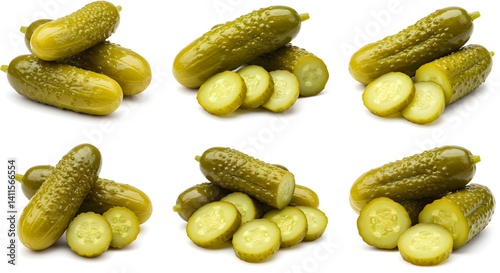 Fresh sliced pickles display grid food photography
