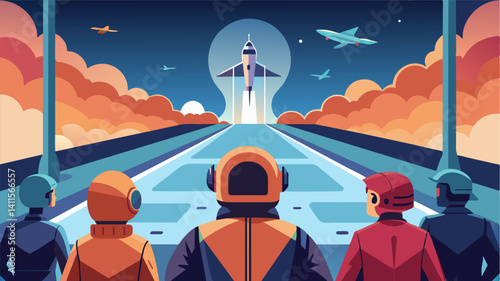 Groups of travelers wearing spacelike suits gather around the edge of the runway watching in awe as a vertical takeoff spacecraft blasts off from the futuristic airport.. Vector illustration