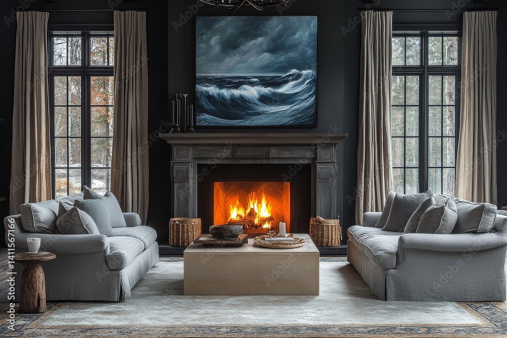 Fototapeta premium Traditional living room with vintage fireplace, light gray sofas, ivory coffee table, dark gray walls, blue wave painting, chandelier, and elegant ambiance.