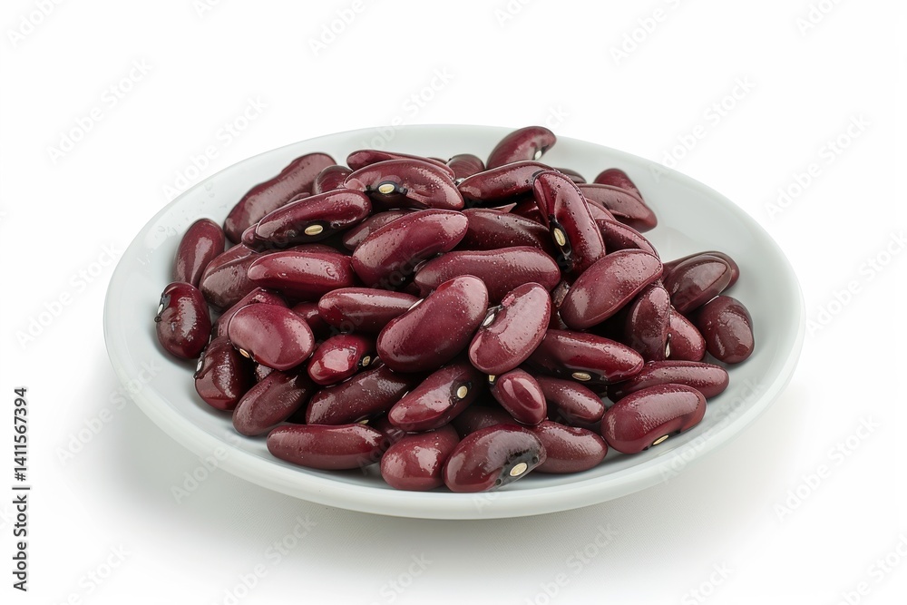 A close-up of fresh red kidney beans piled elegantly on a white plate, showcasing their vibrant color and smooth texture isolated on transparent background A close-up of fresh red kidney beans piled elegantly on a white plate, showcasing their vibrant color and smooth texture isolated on transparent background