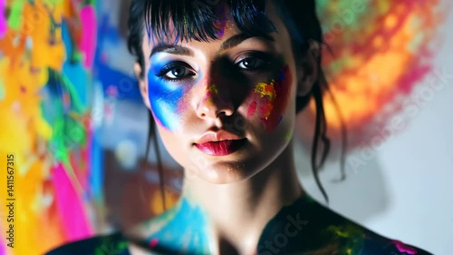 Young  woman with vibrant face paint in an artistic explosion of color and creativity