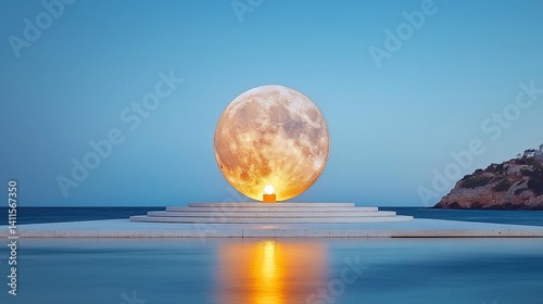 Giant moon over tranquil seaside platform