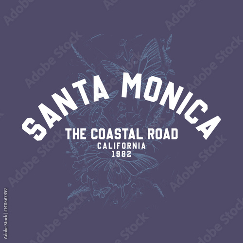 Vintage Santa Monica Graphic – Coastal Road California 1982 Design typographic illustration slogan for print t-shirt, t ,tee, ladies, woman, girl.       

