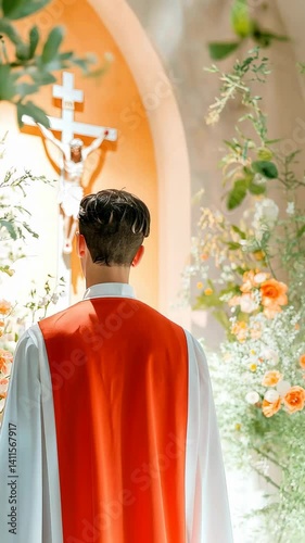 Young  man attending church ceremony in red vestment, facing altar adorned with flowers and cross