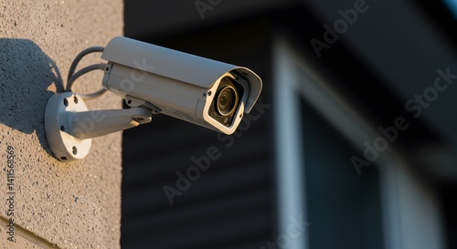 Outdoor security camera mounted on building wall