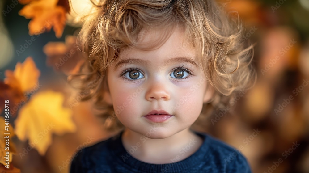 Curious toddler with captivating eyes amidst autumn leaves Curious toddler with captivating eyes amidst autumn leaves