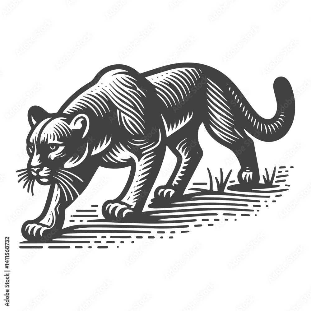 Fototapeta premium Simple Mountain Lion Stalking Vector Icon Design – Vintage Retro Logo & Illustration