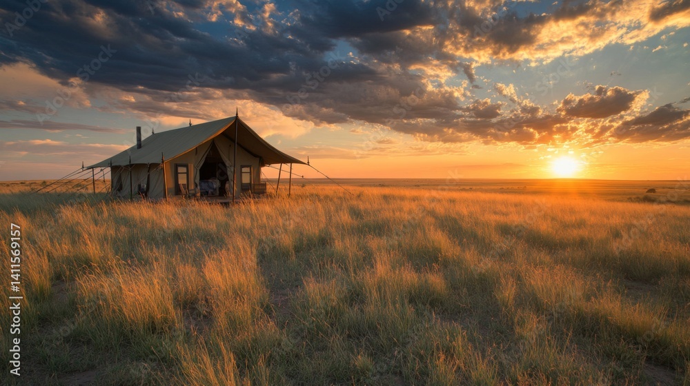 Safari Tent at Sunset in African Grassland Safari Tent at Sunset in African Grassland