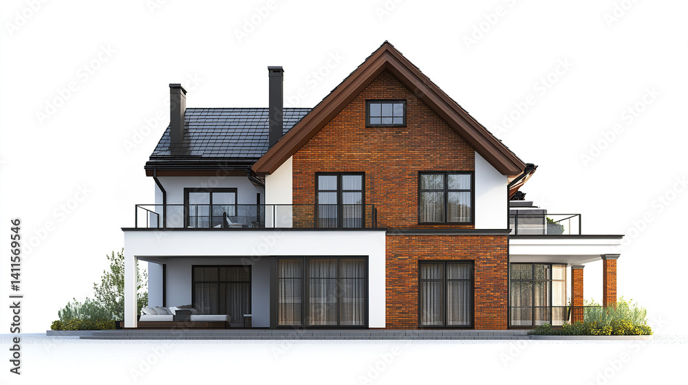 Modern two story house with brick facade and large windows Modern two story house with brick facade and large windows