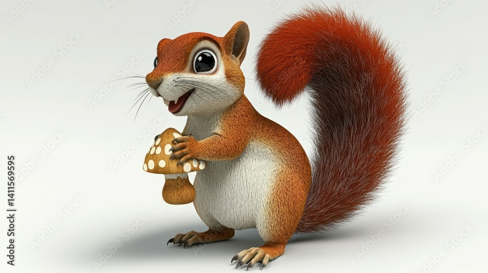 An adorable animated squirrel happily holding a spotted mushroom illustration An adorable animated squirrel happily holding a spotted mushroom illustration