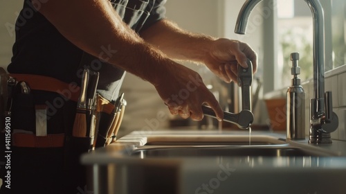 A plumber tightening pipes under a kitchen sink. Featuring expertise and problem-solving