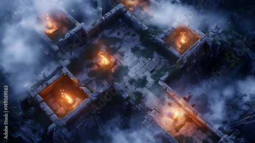 Aerial Battle Map View of a Stone Fortress Ruins with Burning Torches and Overcast Atmosphere