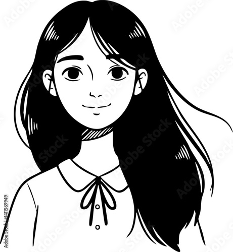 Black and white drawing features a young woman with long hair and a pleasant expression, perfect for simple design elements.