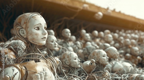 Humanoid robots shown in a cluttered and eerie landscape, evoking themes of technology's impact.