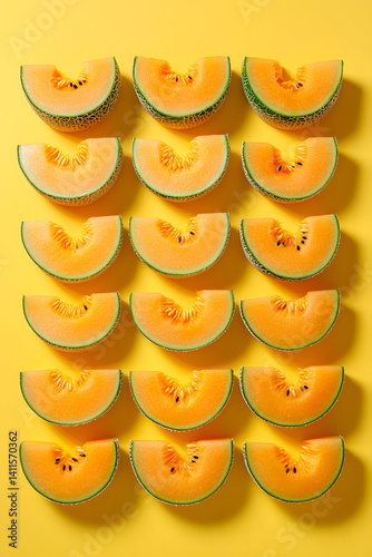 Top view of orange melon slices arranged neatly on a yellow background, radiating warmth and freshness.