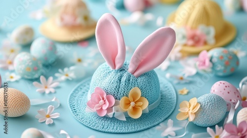 Blue Easter Hat with Bunny Ears Surrounded by Colorful Eggs and Flowers