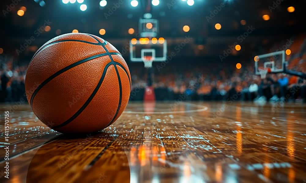 A close-up view of a basketball on a polished court during an intense game with spectators