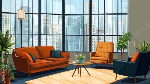 Illustration of a cozy apartment with large windows