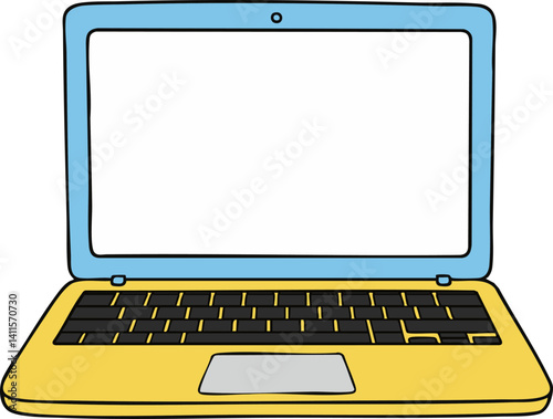 Colorful yellow laptop with black keyboard and white screen.