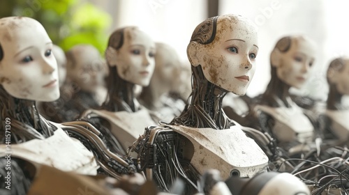 Row of humanoid robots in focus representing artificial intelligence and futuristic development.
