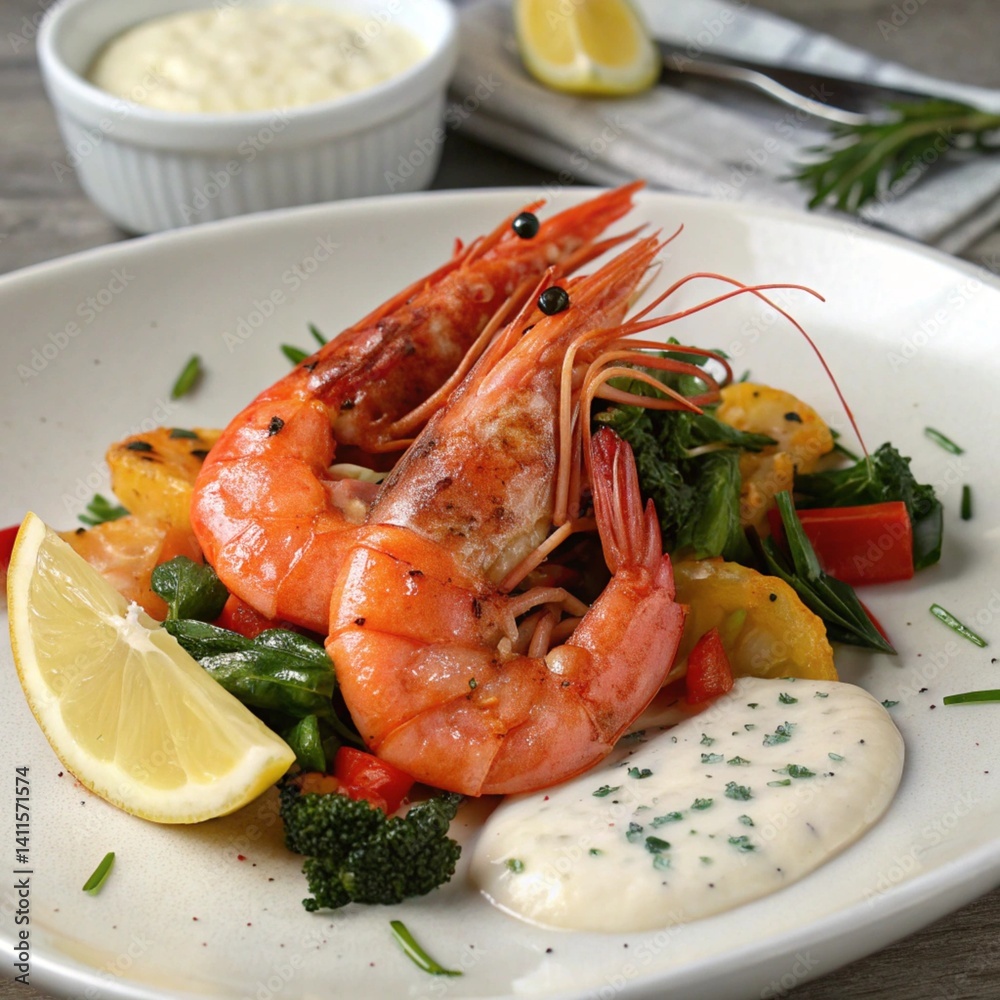 shrimps with lemon and dill with veggies and white sauce in a white plate on wooden table shrimps with lemon and dill with veggies and white sauce in a white plate on wooden table