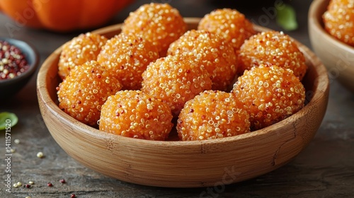 Softly baked pumpkin and quinoa bites in a bamboo bowl with space for captions photo